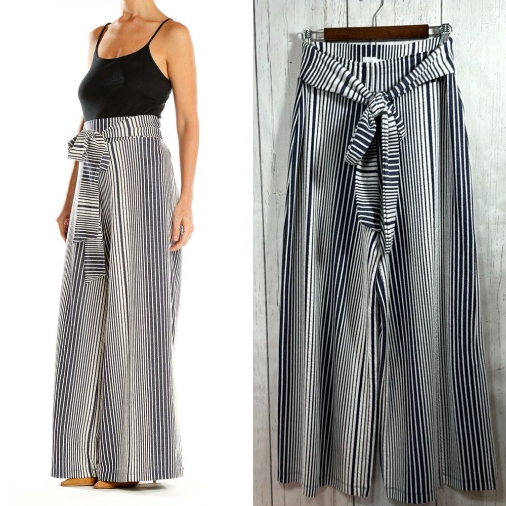Gap Navy White Striped High Waist Wide Leg Pants Belted Size M Coastal Chic